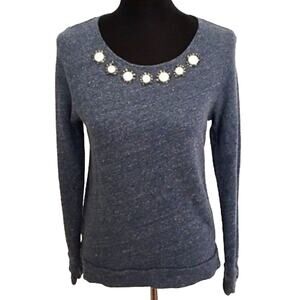 LOFT Blue Pullover with White Beaded Jewel Neckline
